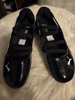 Puma Black Patent Mary Jane Flats with White Logo